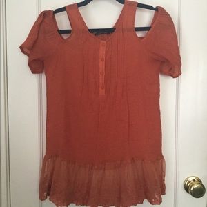 Burnt Orange Off-The-Shoulder Henley Blouse